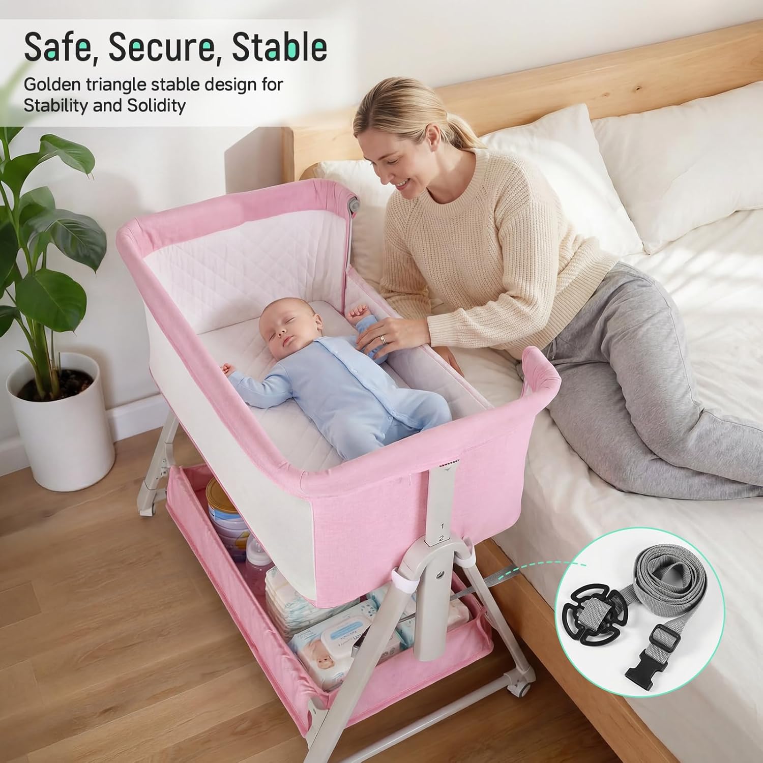 Cowiewie Bassinet Bedside Sleeper,3-in-1 Baby Bassinet with Comfy Mattress & Wheels,Easy Folding Portable Bedside Bassinet for Baby with Storage & Travel Bag,Breathable Mesh,Stable & Secure (Pink