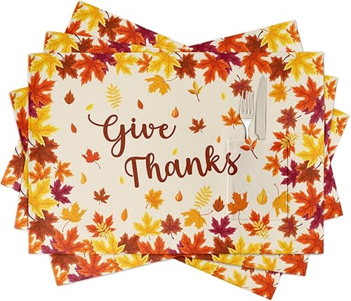 Fall Thanksgiving Table Placemats for Dining Table Set of 4,Cotton Linen Cloth Kitchen Place Mats with Pocket,SquareRectangleRoundOblong Table