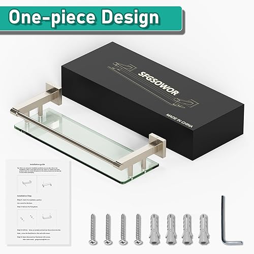 Miniatura 7 de Estantes de vidrio para baño, estantes de baño de níquel cepillado de 16 pulgadas para pared, rectangulares de acero inoxidable, vidrio templado,