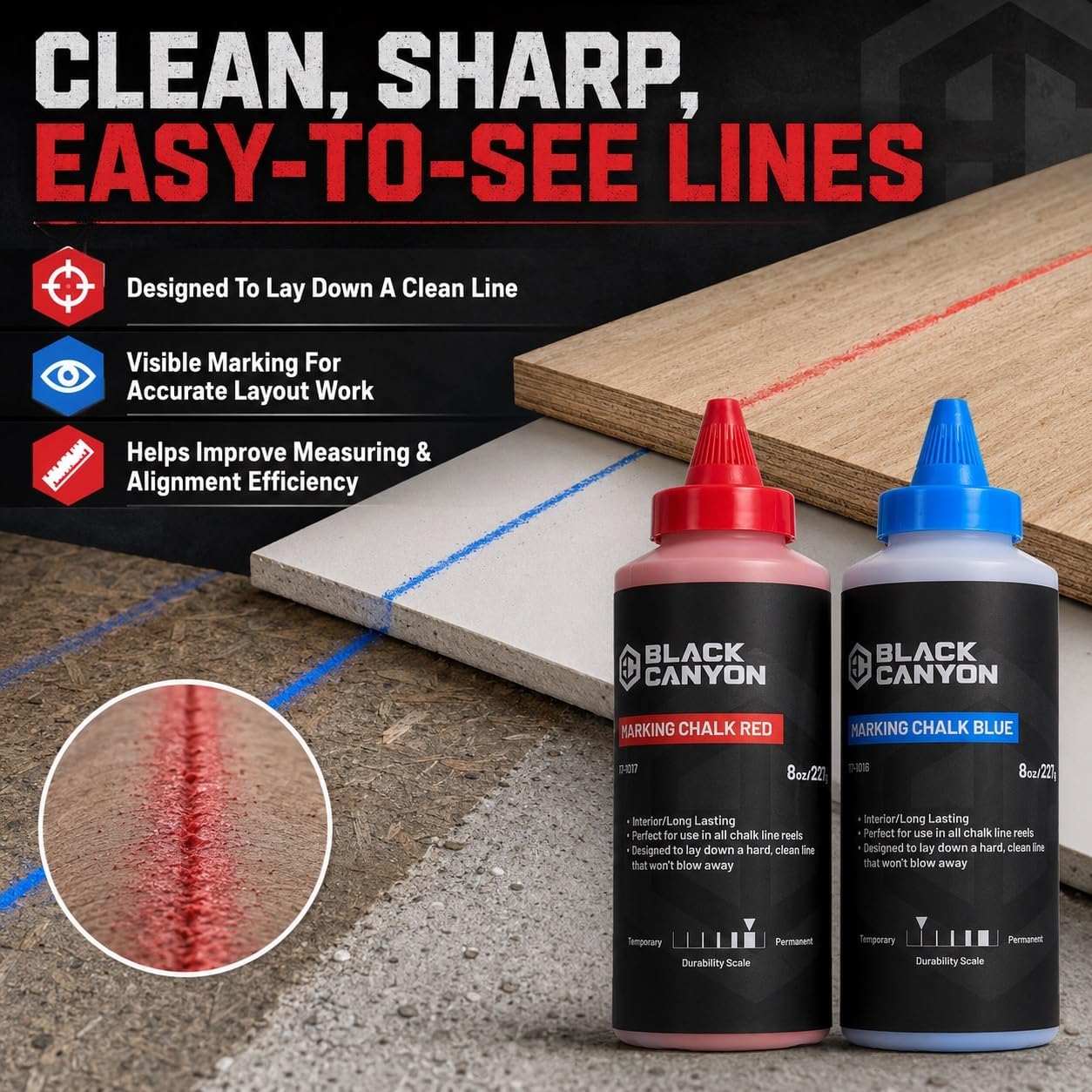 BLACK CANYON Chalk Line Refill 8 oz, High Visibility Marking Chalk Powder for Chalk Line Reel, Wind-Resistant & Long-Lasting Layout Chalk for Construction, Carpentry & Masonry, Red & Blue