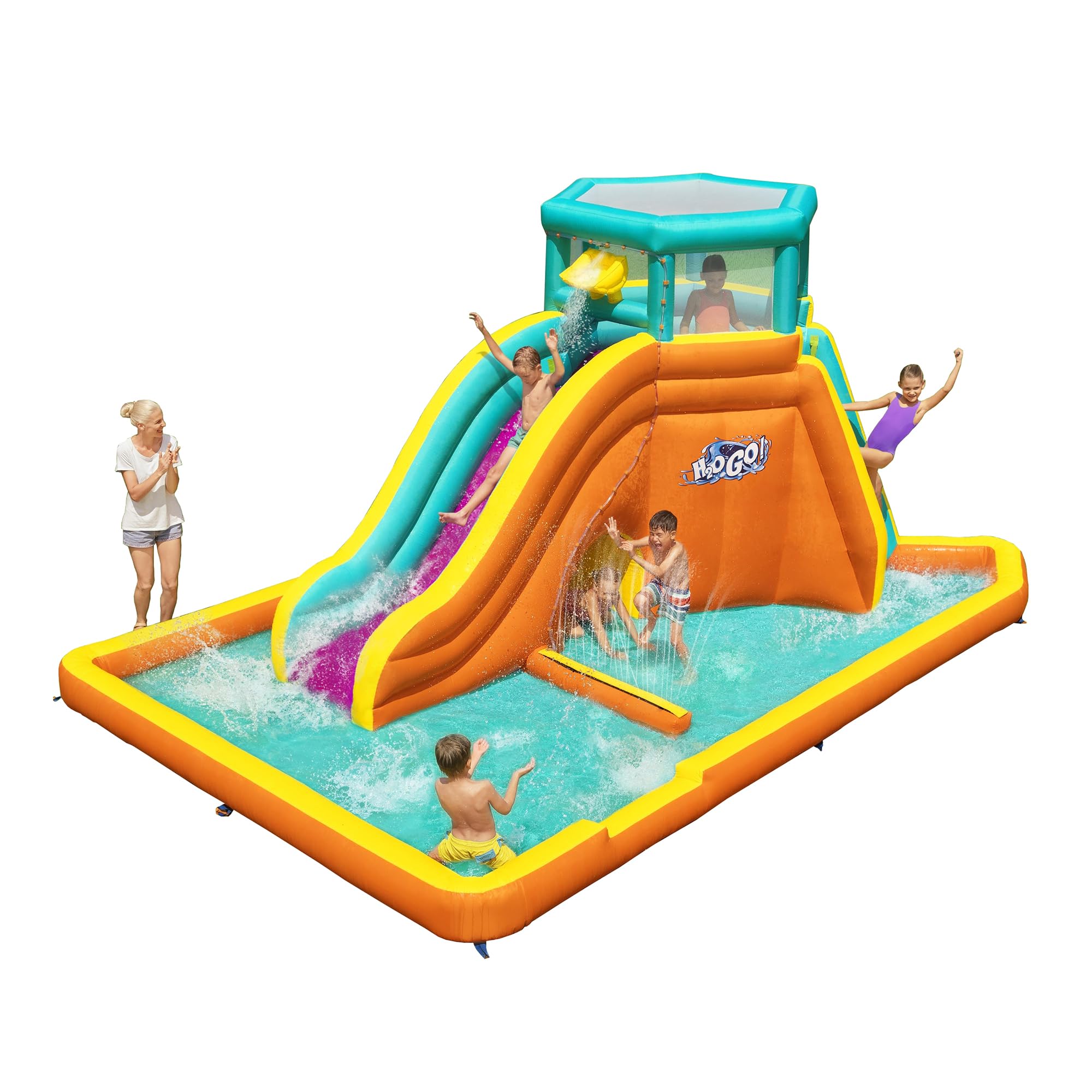Bestway H2OGO! Parque acuático Inflable | Castillo Hinchable, tobogán acuático y Piscina para niños, con Pared de Escalada, Torre de Marea Mega Parque acuático, 5,65 m x 3,73 m x 2,65 m