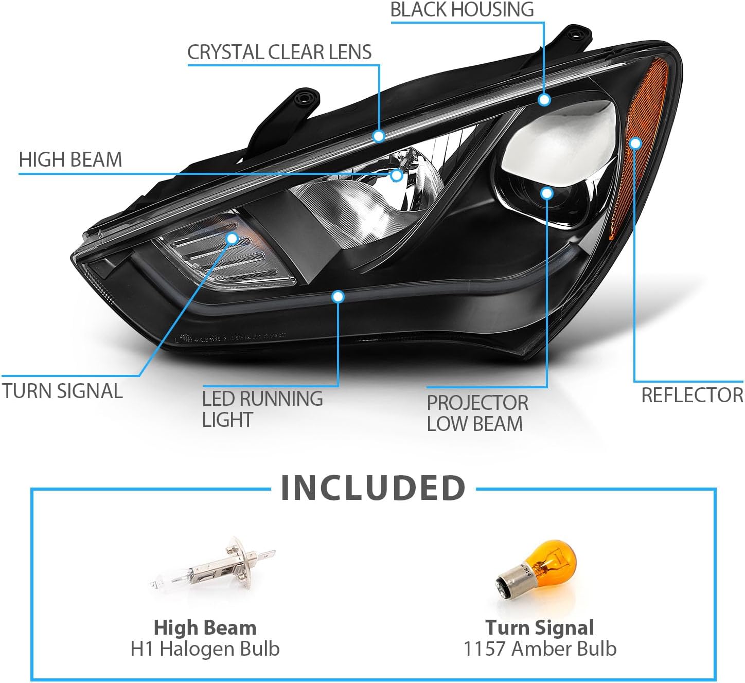 AmeriLite for 2013-2015 Hyundai Genesis 3.8 HID Type Coupe Dual LED Tube Projector Black Replacement Headlight Pair - Driver and Passenger Side