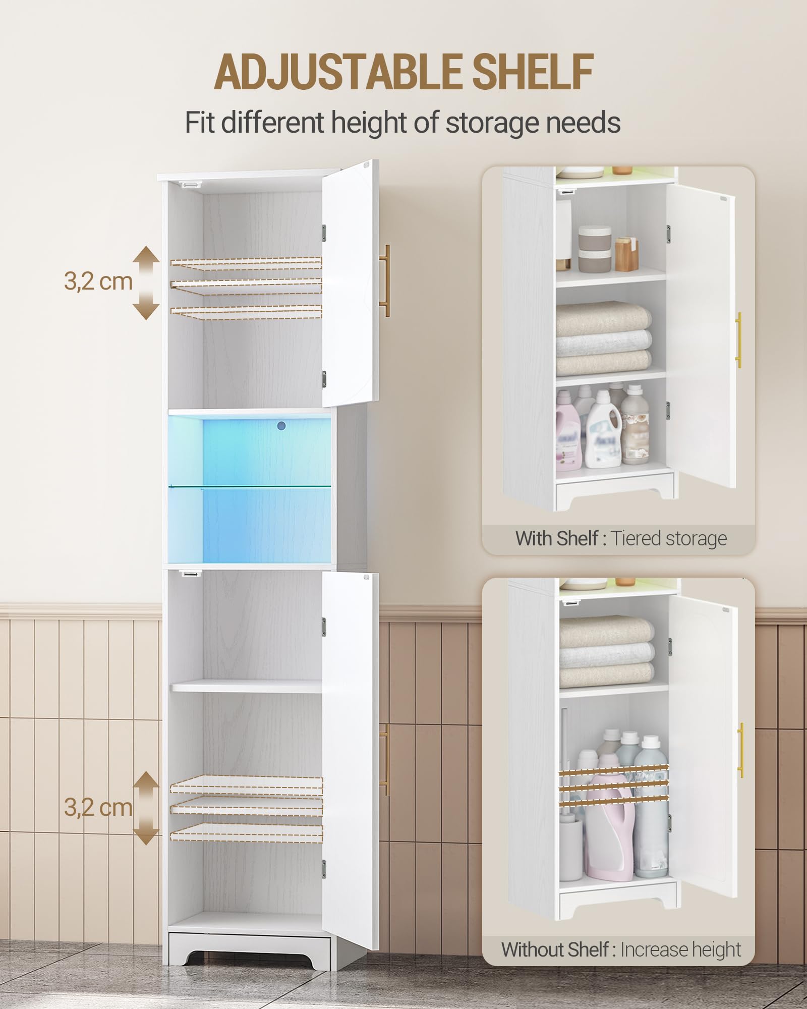 Hzuaneri Badezimmerschrank, Badschrank, Hoher Schrank Mit Farbwechselnden LED-Leuchten Und 2 Türen, Verstellbare Einlegeböden, Wohnzimmer, Badezimmer, 30 X 40 X 170 cm, Weiß SC28213X
