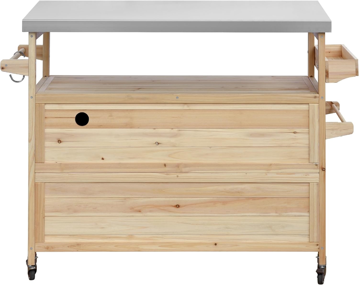 Large Outdoor Rolling Patio Bar Table Cart, Outdoor Kitchen Island Cart Grill Table, Farmhouse Solid Wood Outdoor Serving Cart Prep Table with Stainless Steel Top for Grill/Kitchen, Natural