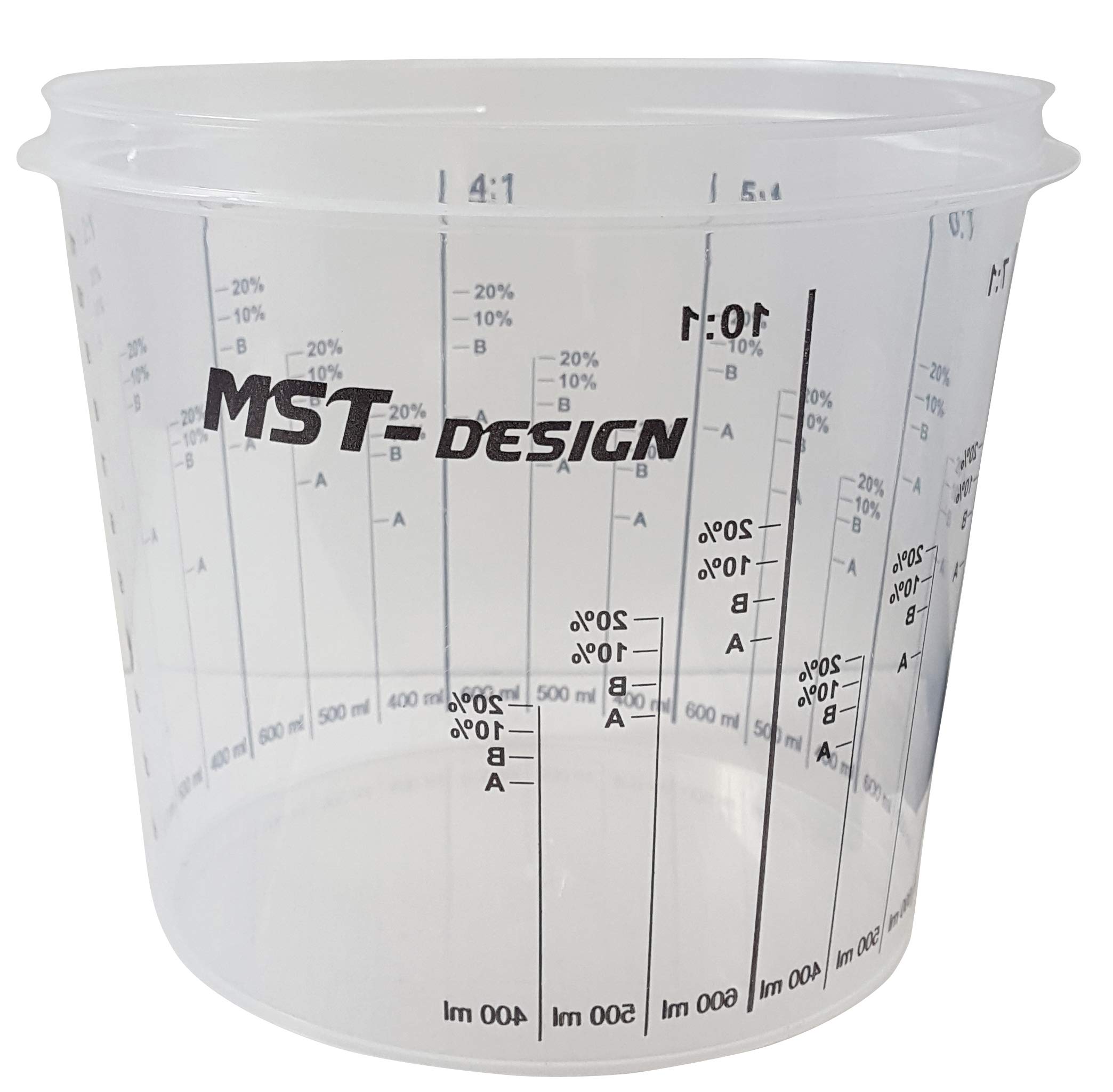MST-DESIGN 50 x 1400 ml Lackmischbecher, Robuster Einweg Messbecher mit Skala, Mischbecher für Lacke, Farbe, Lasur, Füller etc., Kunststoffbecher mit Mischverhältnis, Hochwertiges Lackierzubehör