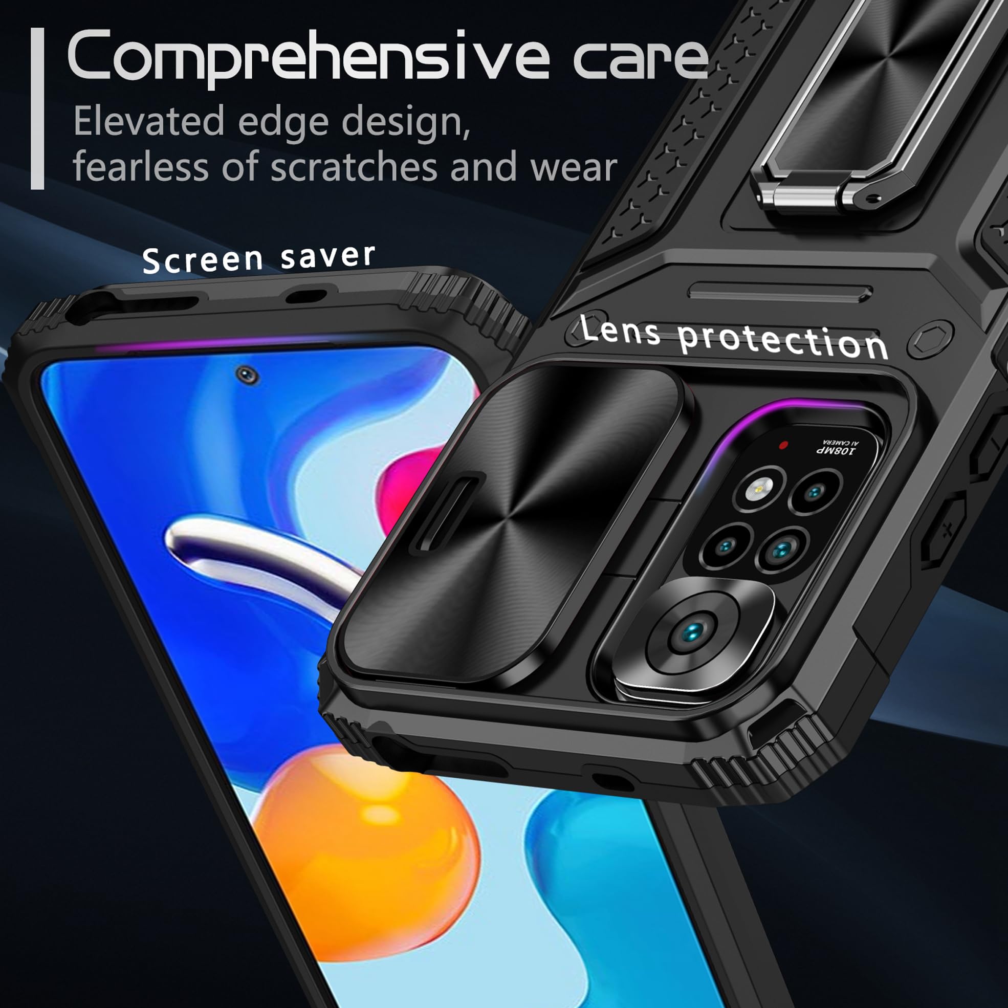 Custodia Per Xiaomi Redmi Note 12S/Note 11 Con Copri Fotocamera Scorrevole E Anello Portadito/Supporto Magnetico, Nero - 6