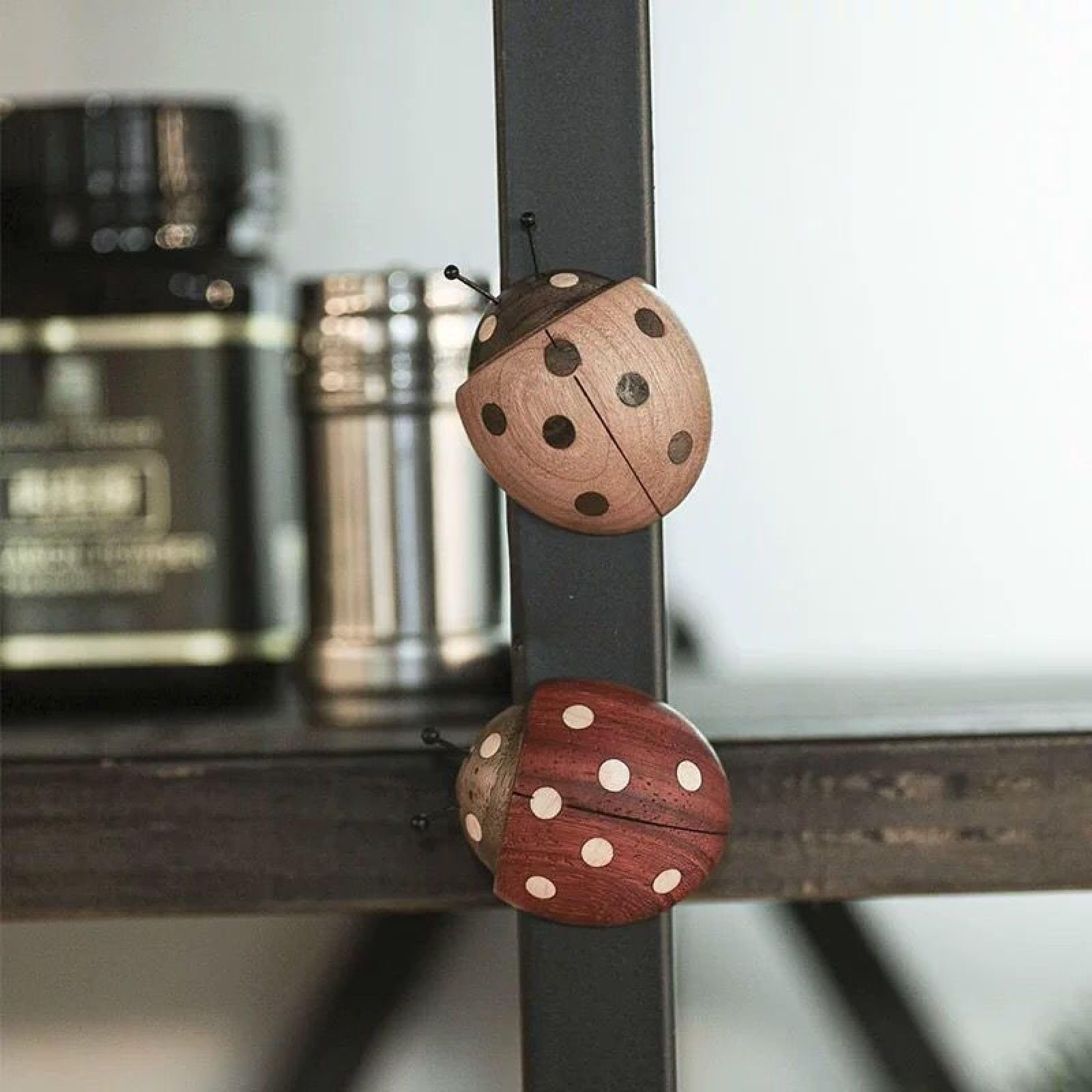 Lindos imanes decorativos paquete de 2 pares de madera maciza caricatura escarabajo siete estrellas mariquita imán refrigerador micro paisaje bonsái