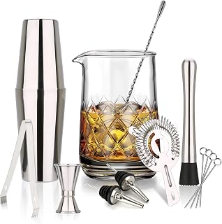 25 oz Crystal Cocktail Mixing Glass Set - Bartender Kit for Drinking Lover - Stainless Steel Hand Shaker, Spoon, Ice Tongs, Jigger, Pourer, Strainer & Muddler for Home Bar Party