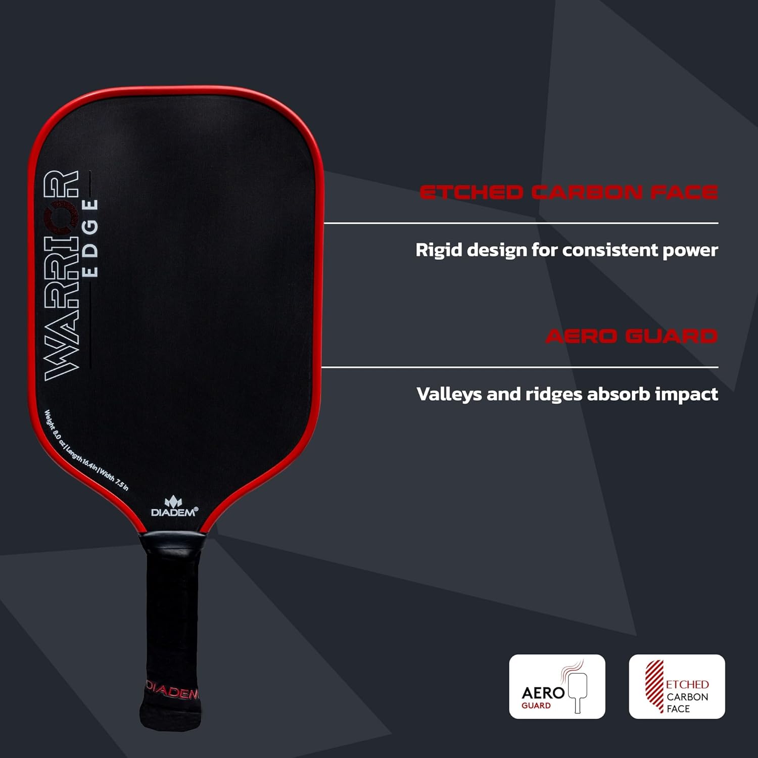 Diadem Warrior Edge Pickleball Paddles | Etched Carbon Face for Max Spin, 16mm Aero Guard, Comfort Max Grip, 16mm Honeycomb Core, Midweight 8oz | Indoor/Outdoor | USAPA Approved