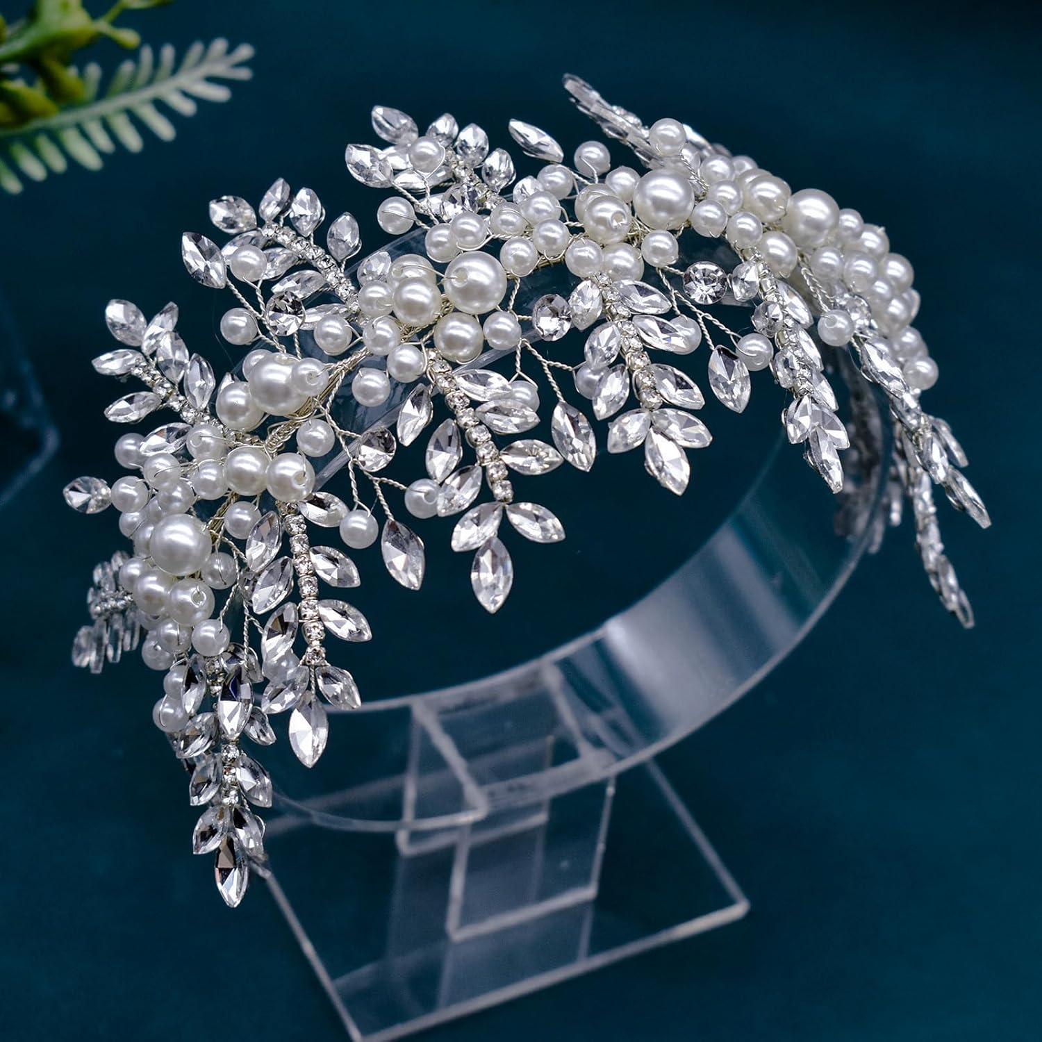 Pearl Headband, Wedding Hair Pieces for Brides, Rhinestone Hair Accessories for Women(Silver)