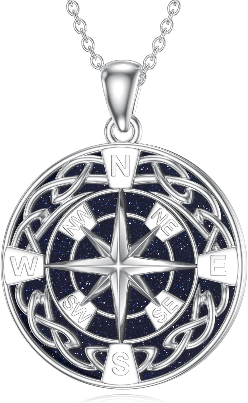 Natural Blue Sandstone Compass Pendant Necklace for Women 925 Sterling Silver Genuine Blue Sandstone Jewelry Gifts for Her