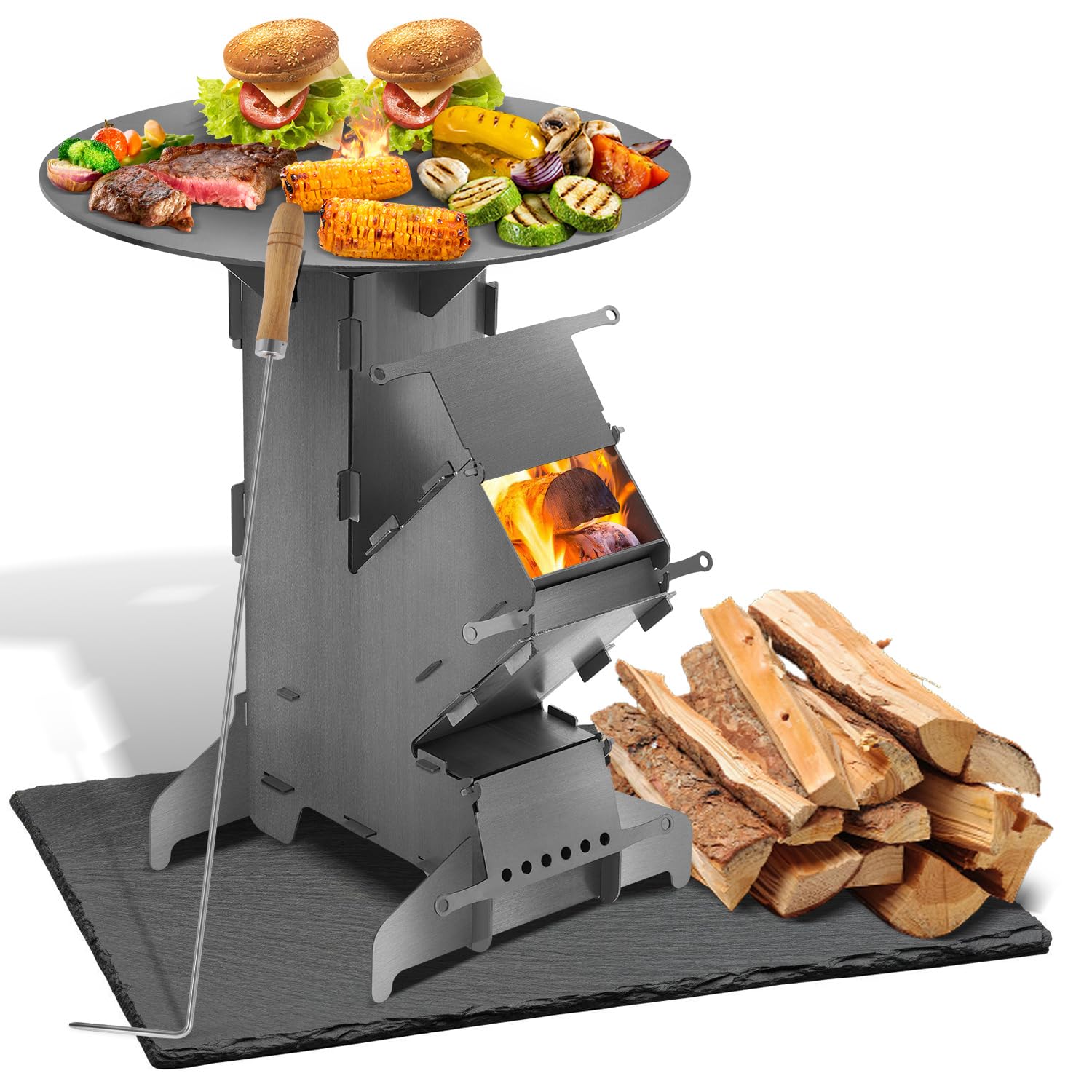 Raketenofen mit Grillplatte 50 cm, Rocket Stove aus 3 mm Stahl | Outdoor Holzofen für Camping & BBQ, Grillplatte, Stecksystem, Holzofen für Camping, BBQ, Dutch Oven, Garten