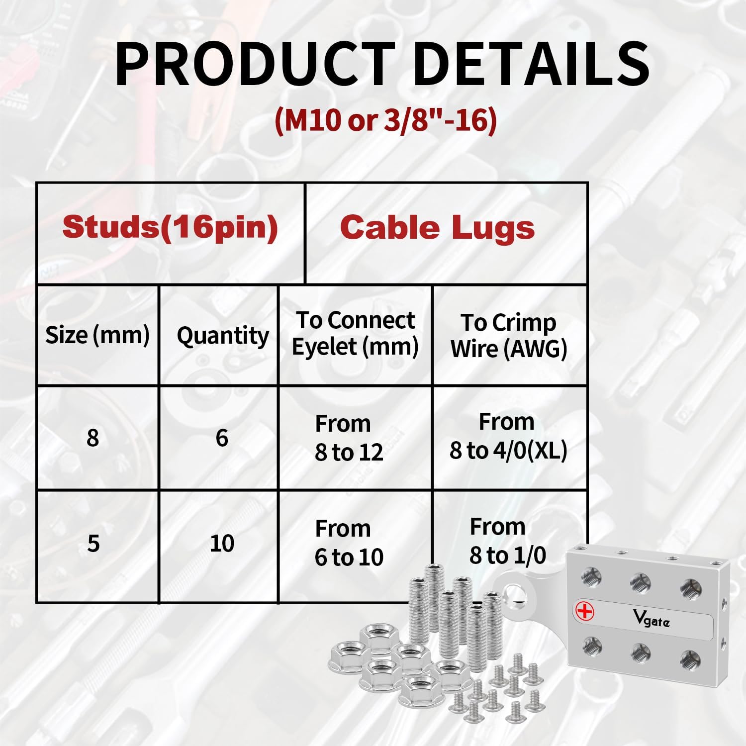 Vgate Car Battery Terminal Connectors，16-Way Battery Terminal Clamps, 8AWG up to 4/0(XL) AWG Gauge for Lithium or AGM Lead Acid Battery, Positive and Negative (+/-)(1 Pair) for M10 or 3/8”-16