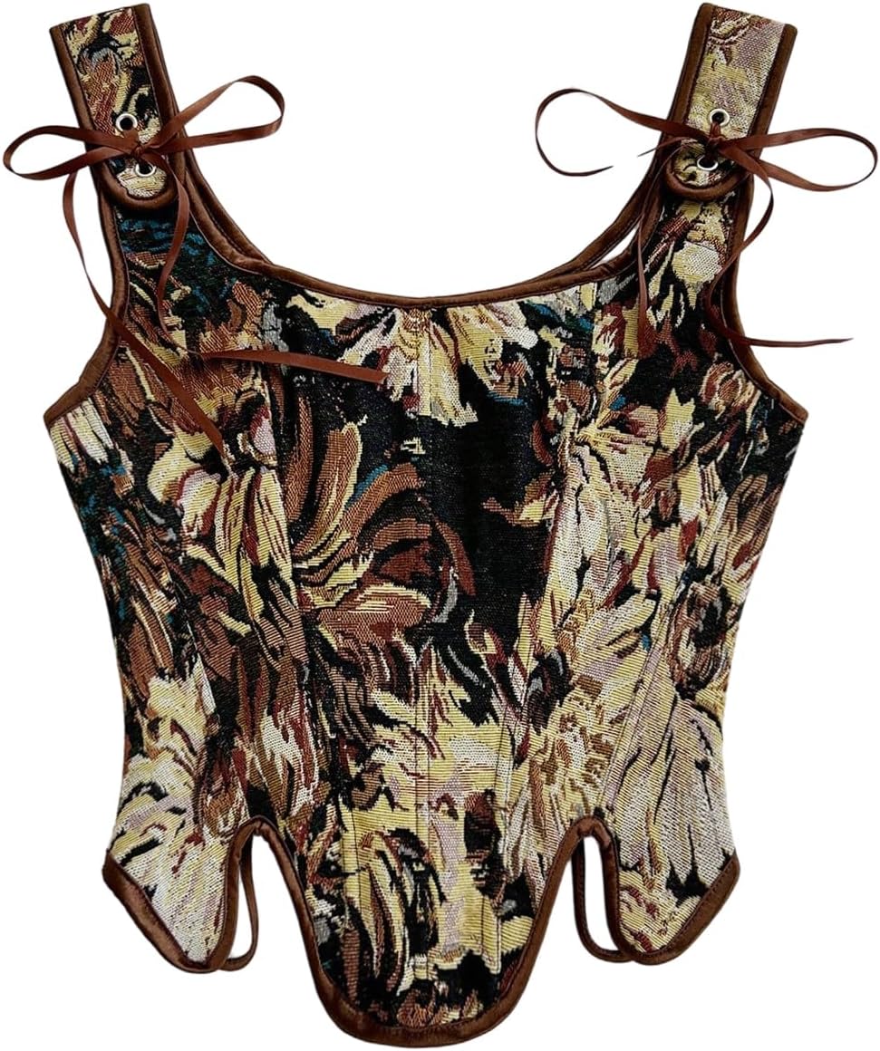 MakeMeChic Women's Floral Corset Lace Up Bustier Top Bow Wide Strap Grommet Eyelet Tank Tops