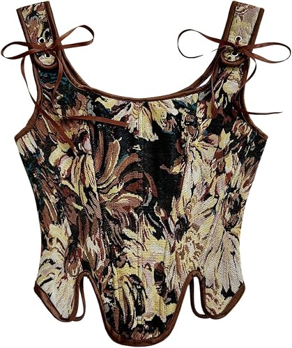 MakeMeChic Women's Floral Corset Lace Up Bustier Top Bow Wide Strap Grommet Eyel