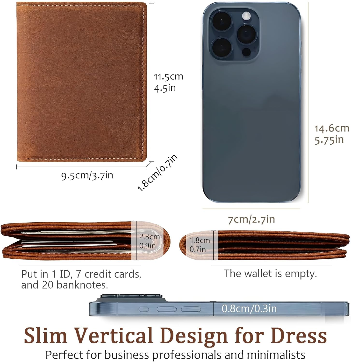 Bifold Vertical Wallet for Men - Slim Leather RFID Blocking Front Pocket Design with ID Window & 2 Cash Pockets | 4.5"x3.7"x0.7" Thin 7 Card Slots Wallets Organizer | Gift Box (Brown) - Image 2
