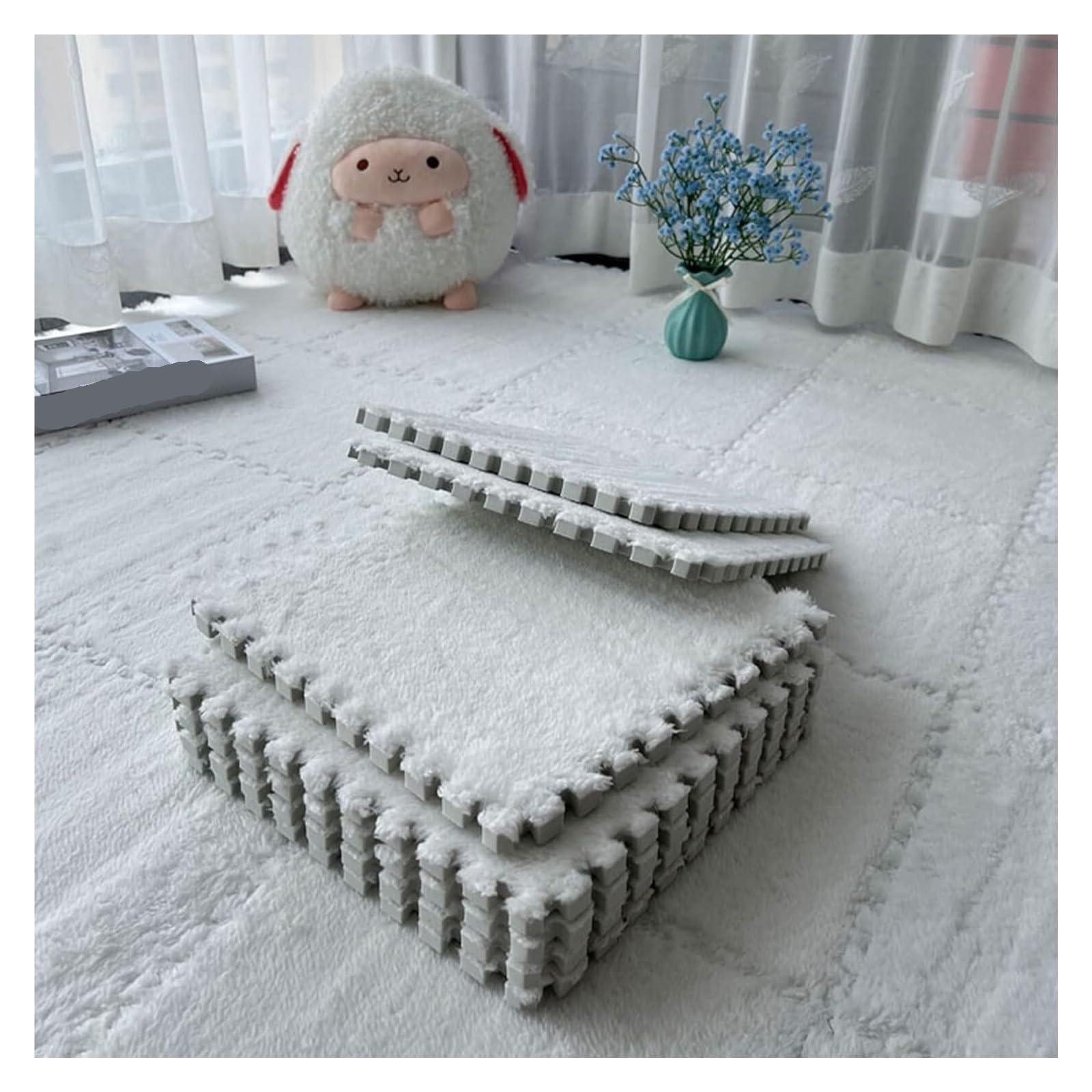 Plüsch-Puzzle-Schaumstoffmatte 30 x 1 cm, weiche Plüschmatte, Eva-Schaum, Puzzle-Teppich, warme ineinandergreifende Teppiche, Säuglingsteppich(Color 1,16PCS)