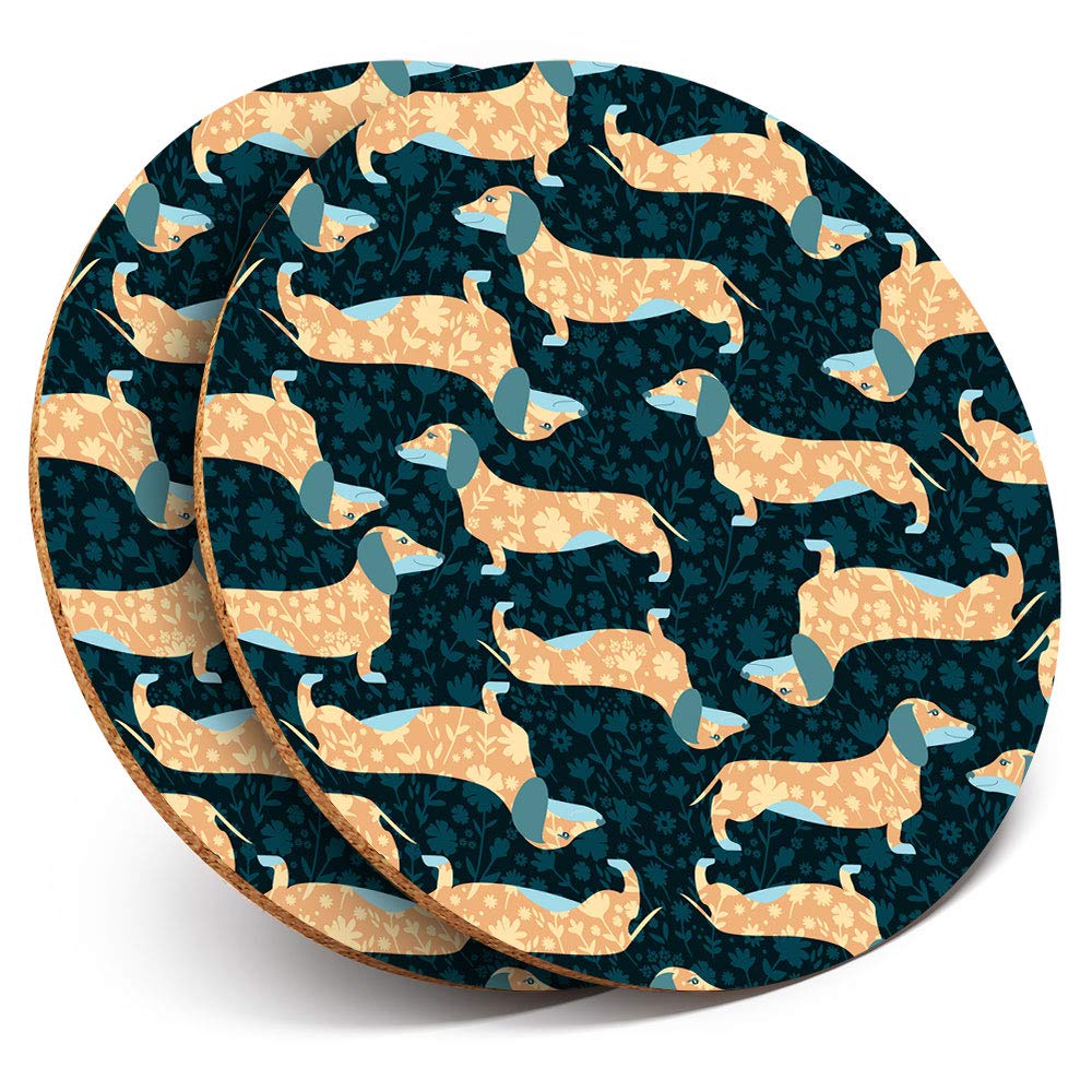 Destination Vinyl Ltd Multicolor 2 X Round Coasters - Dachshund Sausage Dog - Cork Backed Home Kitchen Accessory Tea Coffee Mug Mat #21443