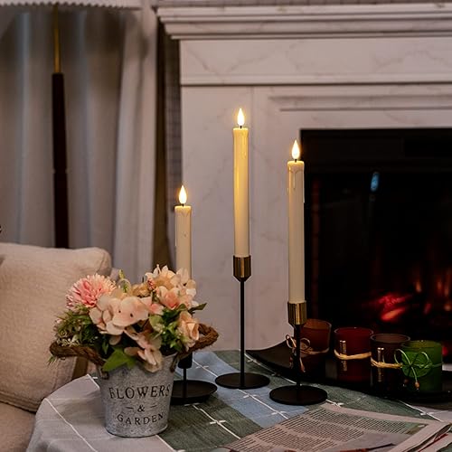 Miniatura 2 de Homemory 12 velas cónicas de plástico sin llama con temporizador remoto, candelabros LED marfil con luz de llama parpadeante, velas cónicas