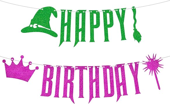 Pre Strung Pink and Green Happy Birthday Party Supplies, Witch Banner for Girls Birthday Party Halloween Party Decorations