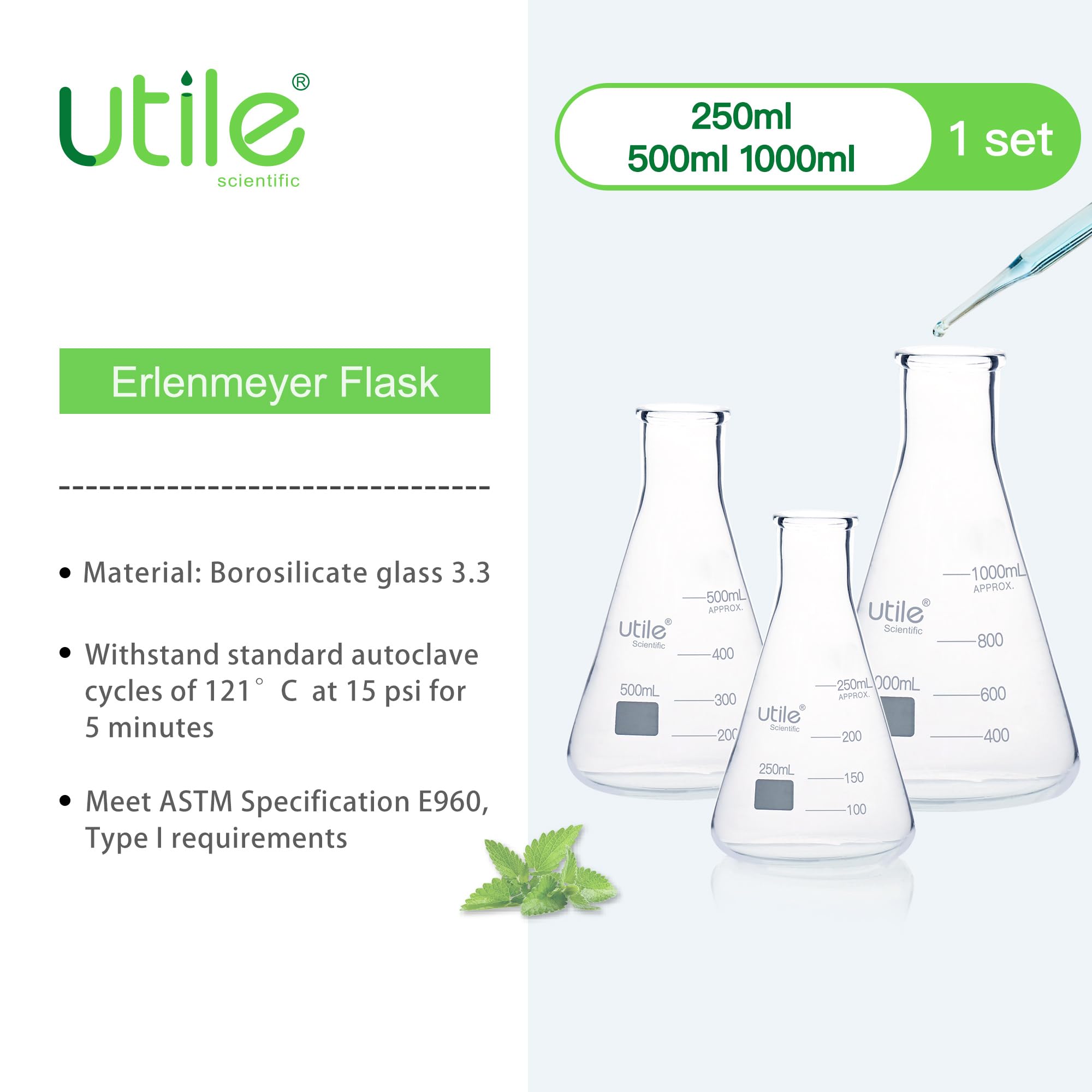 Utile Juego de 3 frascos Erlenmeyer de vidrio de 250 ml, 500 ml, 1000 ml, frascos Erlenmeyer de boca estrecha, frascos cónicos de vidrio borosilicato 3.3 para laboratorio, 4016.9917.1