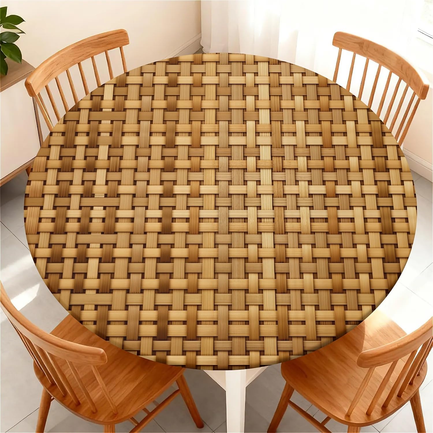 Round Fitted Tablecloth with Elastic Edge, Waterproof Stain Resistant Fabric Table Cover for 61"-65" Round Table, Indoor Outdoor Dining, Kitchen Decor, Camping, Party, Holiday, Woven Rattan
