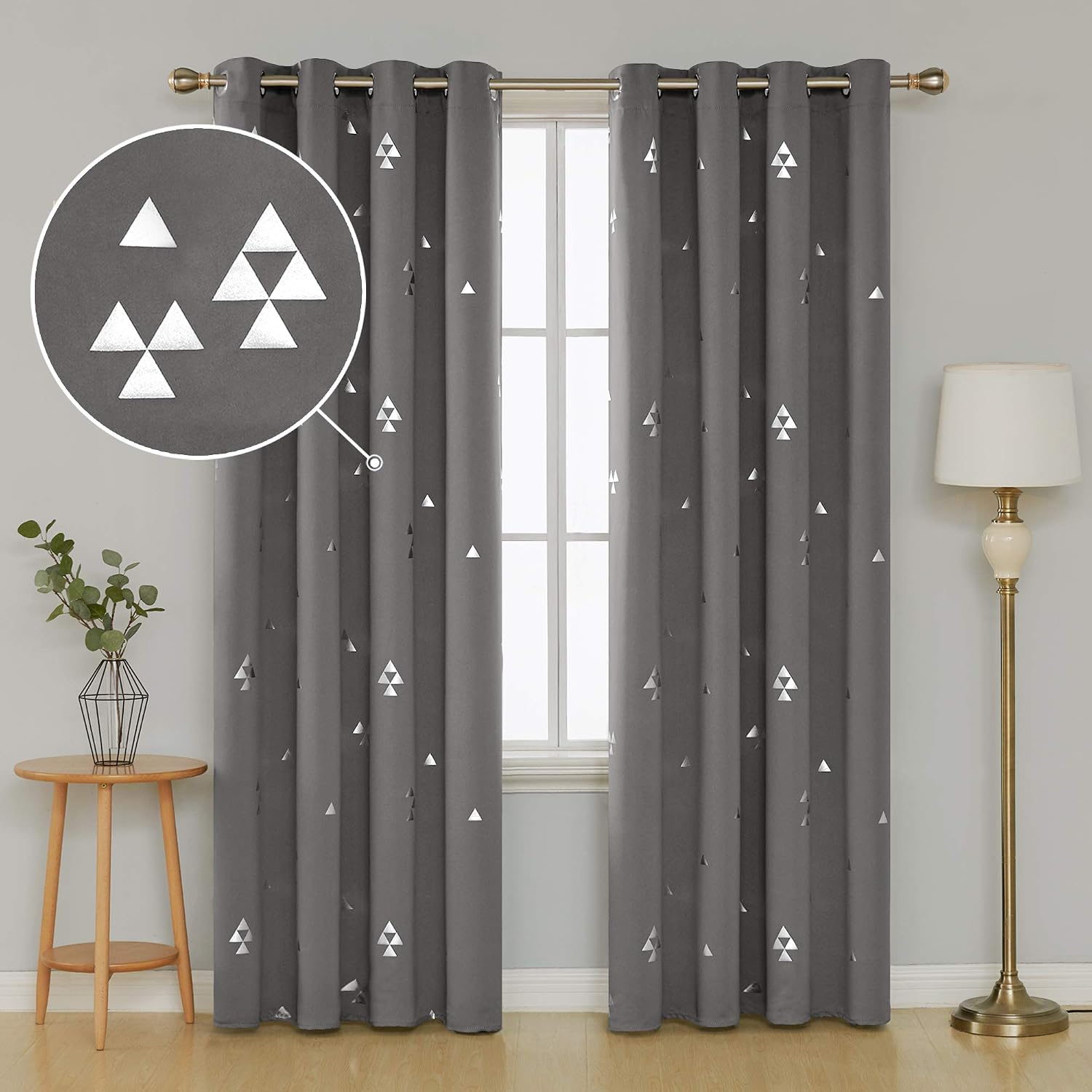 Deconovo Blackout Grommet Curtains Pair Thermal Insulated Window Curtains with Triangle Printed for Dining Room 52 x 84 Inch Grey 2 Panels
