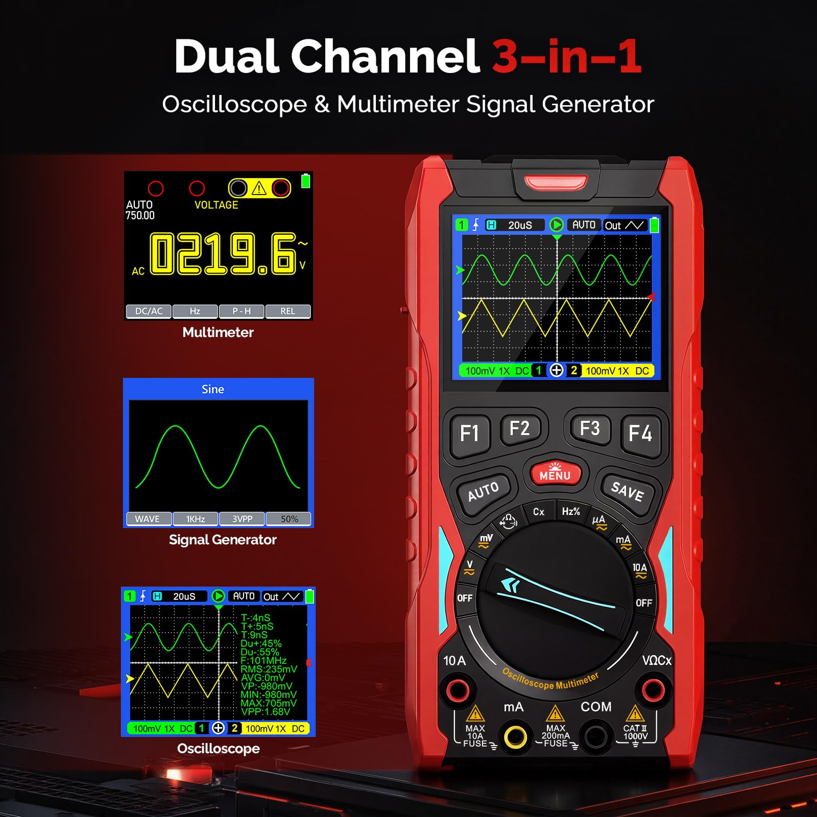 2-Kanal Handheld Oszilloskop, 70MHz Bandbreite, 3-in-1 Digitaloszilloskop Multimeter mit Signalgenerator, 200MSa/s Abtastrate, 20000 Counts, Typ-C Schnellladung, Rot