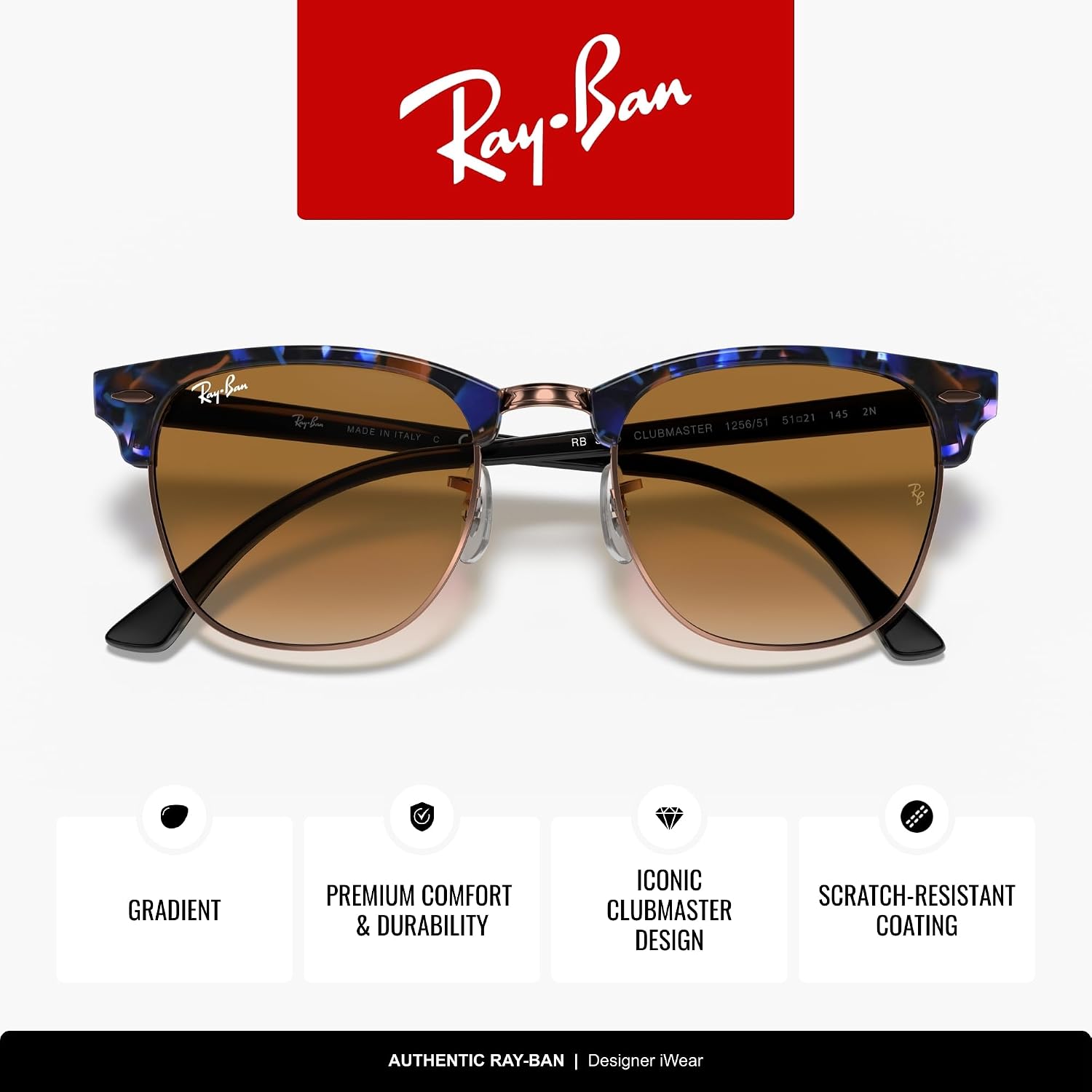 Óculos de Sol Ray-Ban Clubmaster 0RB3016 W0365 Tam 51