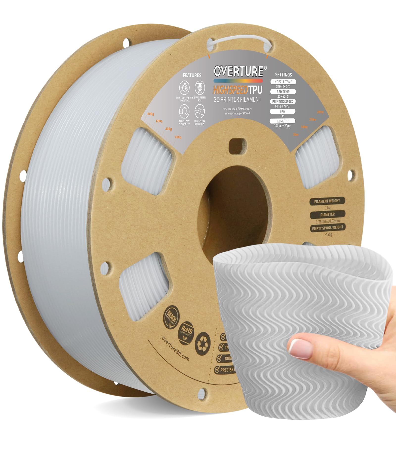 OVERTURE TPU 1,75 mm Filamento, Filamento per Stampante 3D ad alta velocità TPU +HS, Flessibile High Speed TPU 1kg(2.2lbs), Precisione Dimensionale +/- 0.02 mm(HS Bianco)