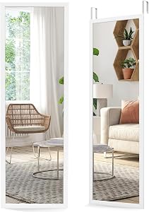Tangkula Full Length Door Mirror Wall Mirror, 42.5”x14” Over The Door Mirror with 2 Sets of Height Adjusting Hanging Hooks, Rectangle Hanging Wall Mounted Mirror for Home Office Dorm