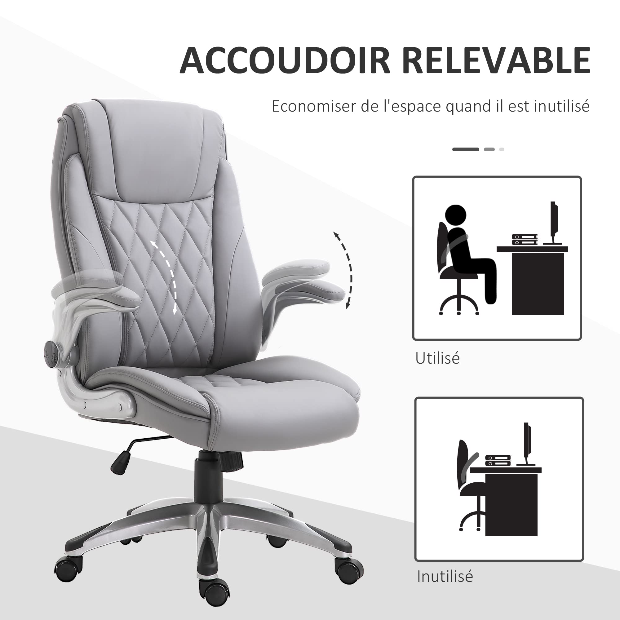 HOMCOM Fauteuil De Bureau Contemporain Dossier Accoudoirs Grand Confort Hauteur Réglable
