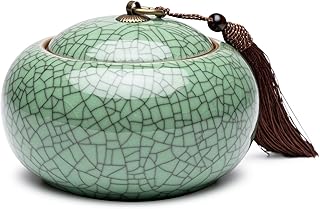 Genuine Longquan Celadon Classic Loose Tea Storage Jar, 20 Oz/600ml Green Porcelain Airtight Container (Ge Kiln,Lined Classic Cyan)