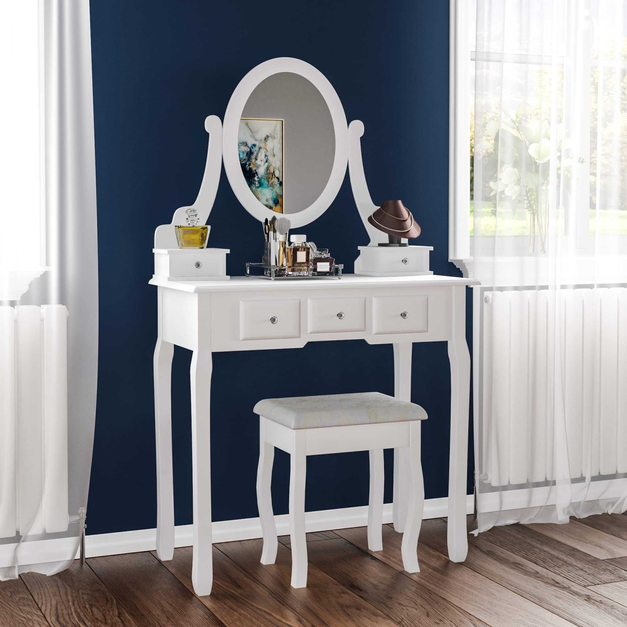 Vida Designs Nishano Dressing Table with Stool 5 Drawer Oval Adjustable Mirror Bedroom Set Makeup Cosmetics Dresser Furniture, White