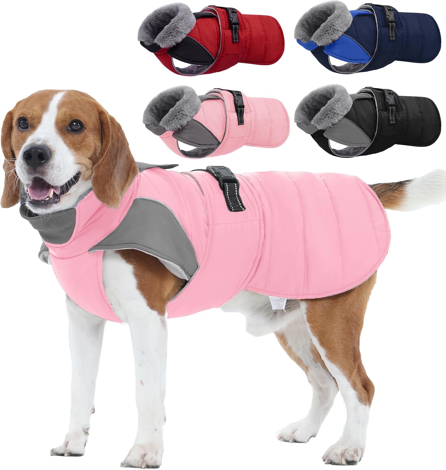 Nanaki Warm Dog Coats for Winter, Fleece Lined Furry Collar, Waterproof Reflective Dog Snowsuit with Leash Hole for Outdoor Walking Hunting, Easy On Cold Weather Puppy Jacket Vest, Beagle, Pink L