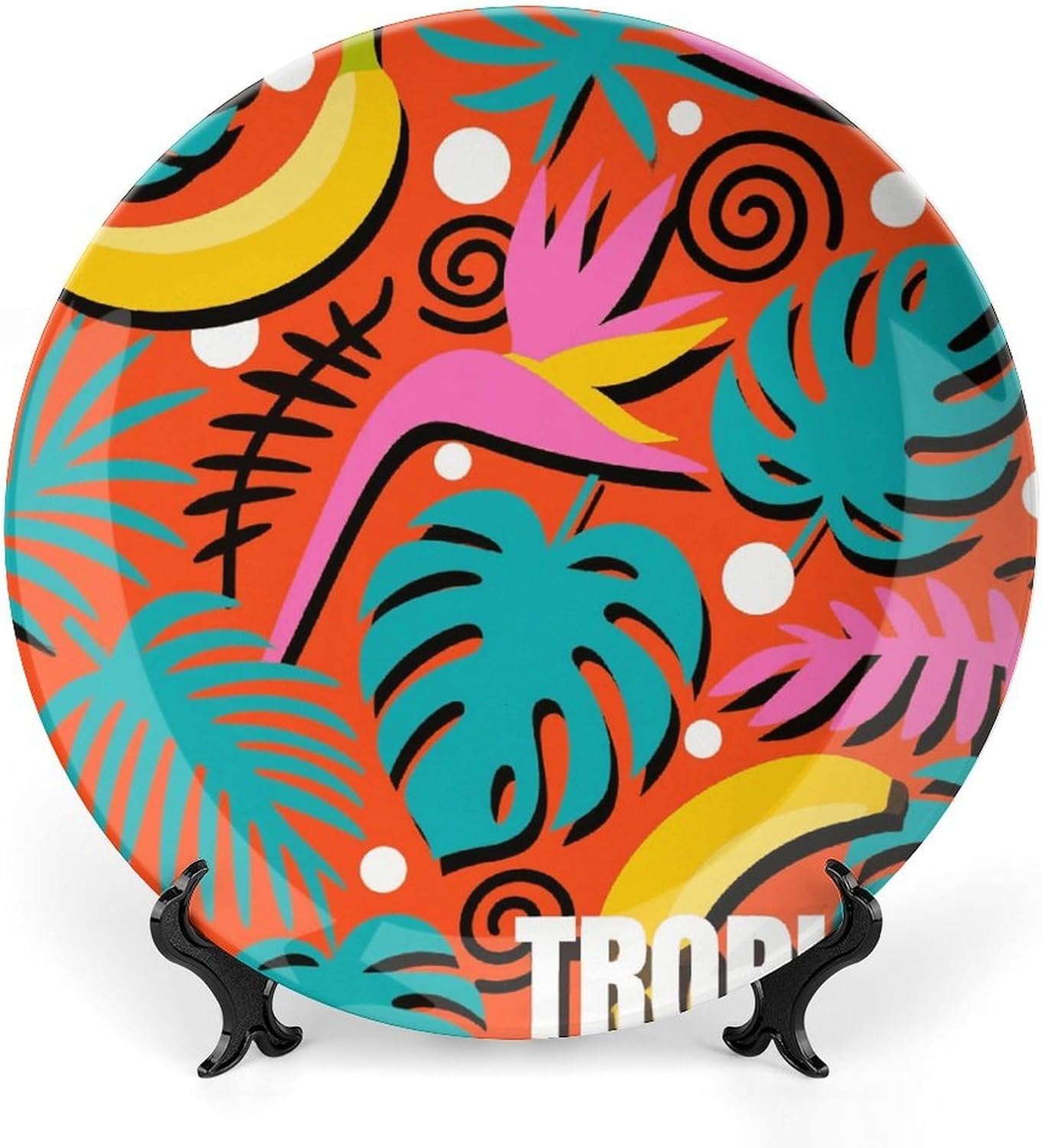 Ropical Leaves Decorative Plates Bone China Plates with Stand for Display 10inch Round Ceramic Dinner Plates Dessert Plate for Kitchen Party Coffee Table Decor Art