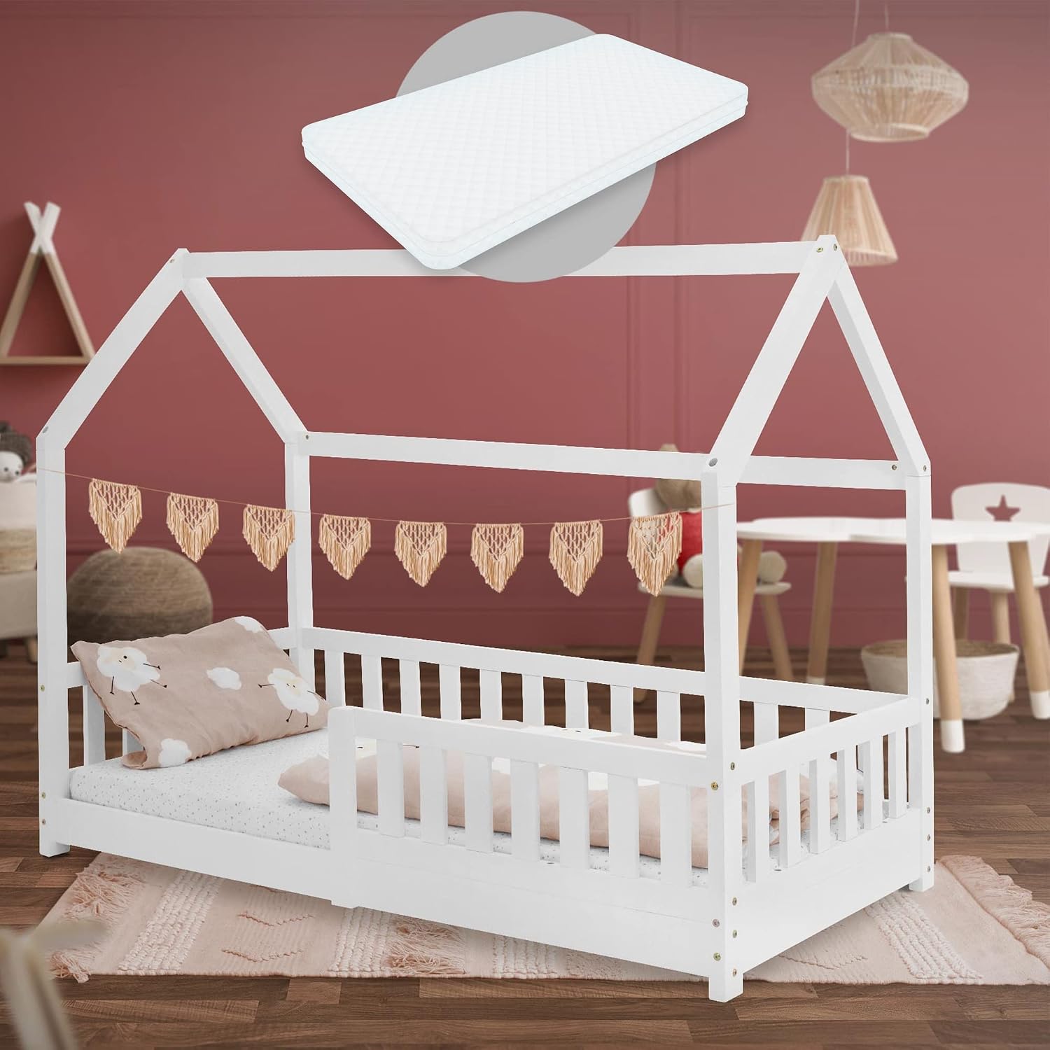 Letto Bambini A Forma Di Casa 90x200 Cm - Con Cassetto, Tenda E Protezioni - Foto 5