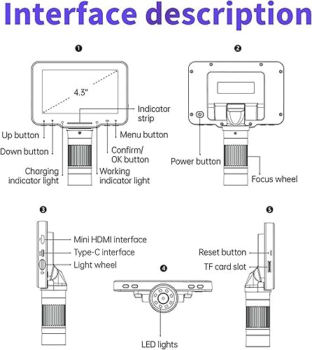 Miniatura 6 de Microscopio digital LCD HDMI, microscopio digital LCD de 4.3 pulgadas, 1000x, microscopio de moneda, lupa de monedas con 8 luces LED ajustables,