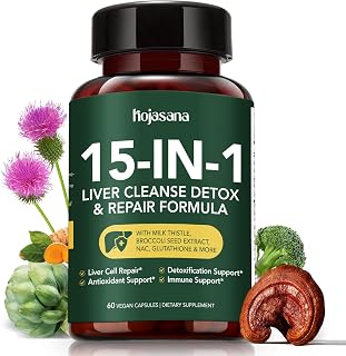 Liver Cleanse Detox & Repair – 15-in-1 Formula with Milk Thistle, Sulforaphane, NAC, Artichoke, Turmeric, Reishi & Glutathione – Detox, Antioxidant, Immune & Metabolism Support – 60 Capsules