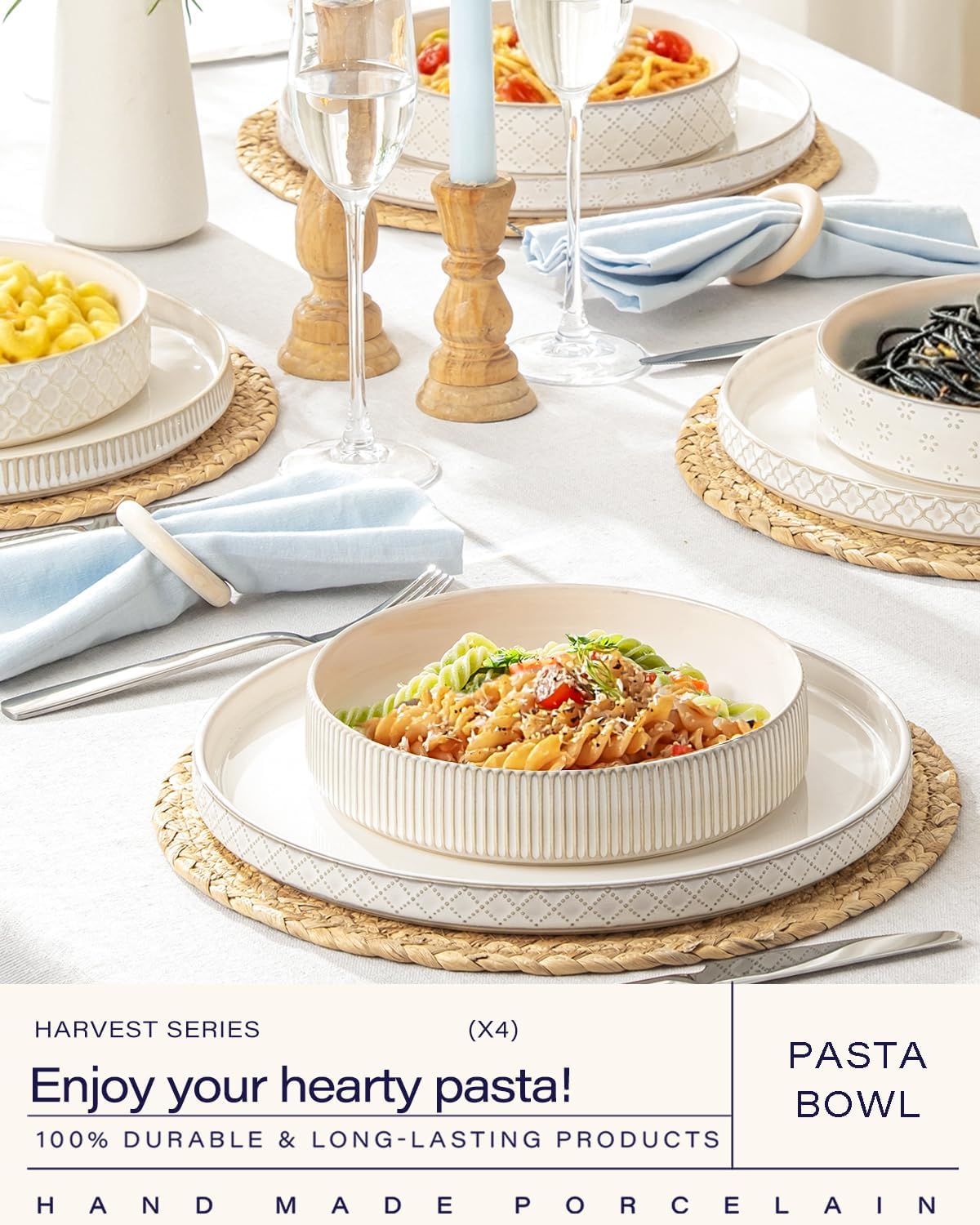 getstar 7.5" Ceramic Pasta Bowls Set of 4, Deep Stoneware Salad Plates Pasta Plates Shallow Bowls for Serving Soup Dinner, Microwave & Dishwasher Safe, Textured Stripes & Speckled White