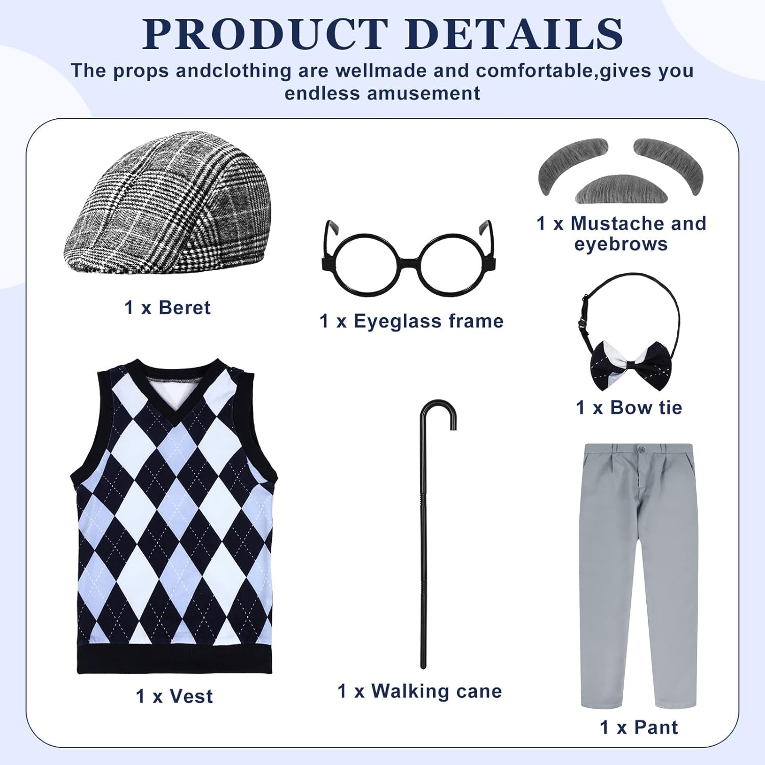 Liitrsh 8 Pcs Old Man Costume for Kids Grandpa Costume 100 Days of School Halloween Vest and Pants for Boys - Image 2