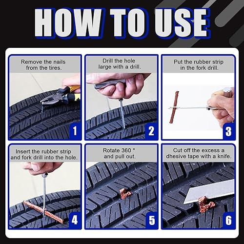 Miniatura 6 de Glarks Kit de reparación de neumáticos de alta resistencia de 55 piezas, kit de reparación de neumáticos planos, kit de enchufe universal para