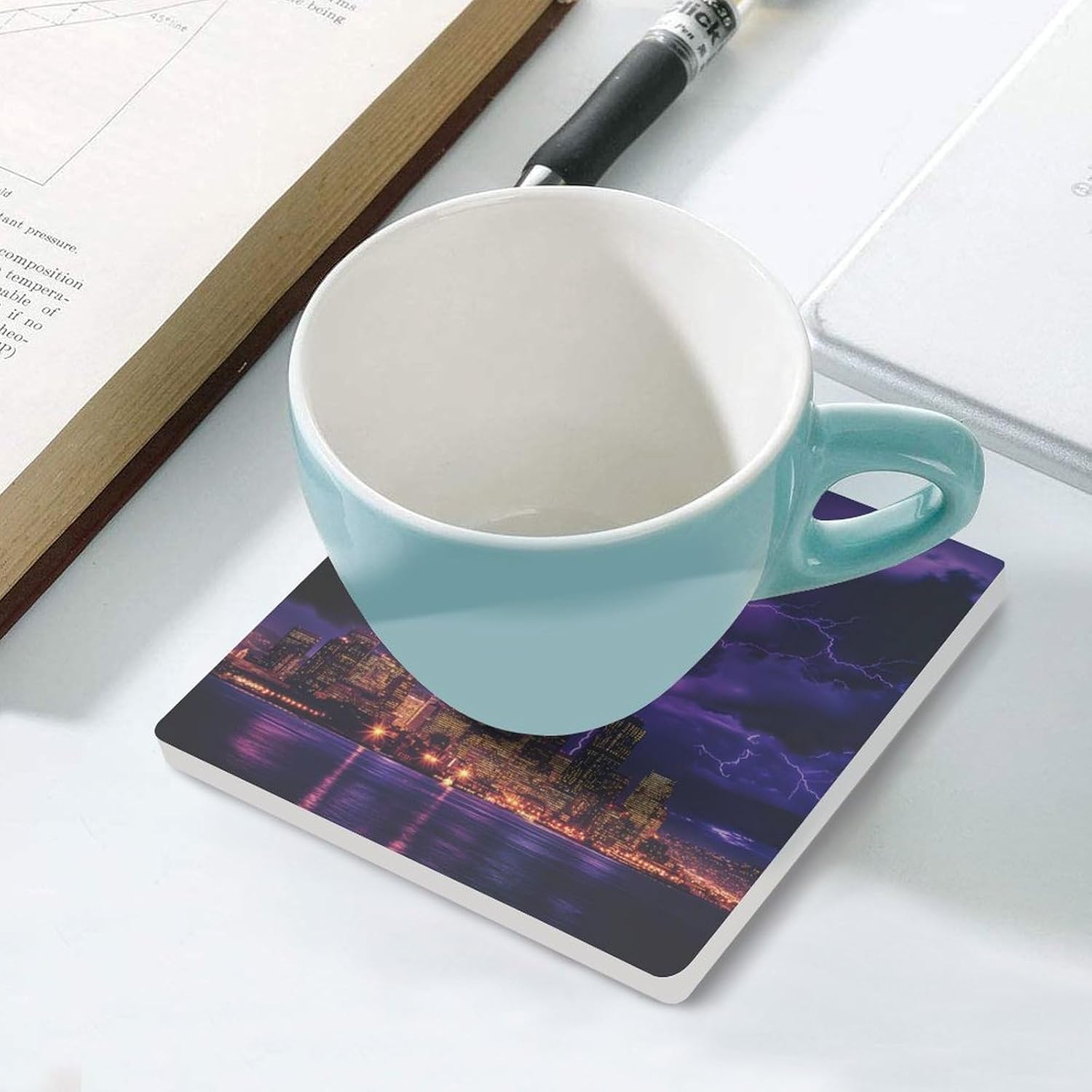 Light-ning Storm Over San Francisco Skyline Funny Ceramic Coasters for Drinks Absorbent Cup Holder Tabletop Protector with Cork Base