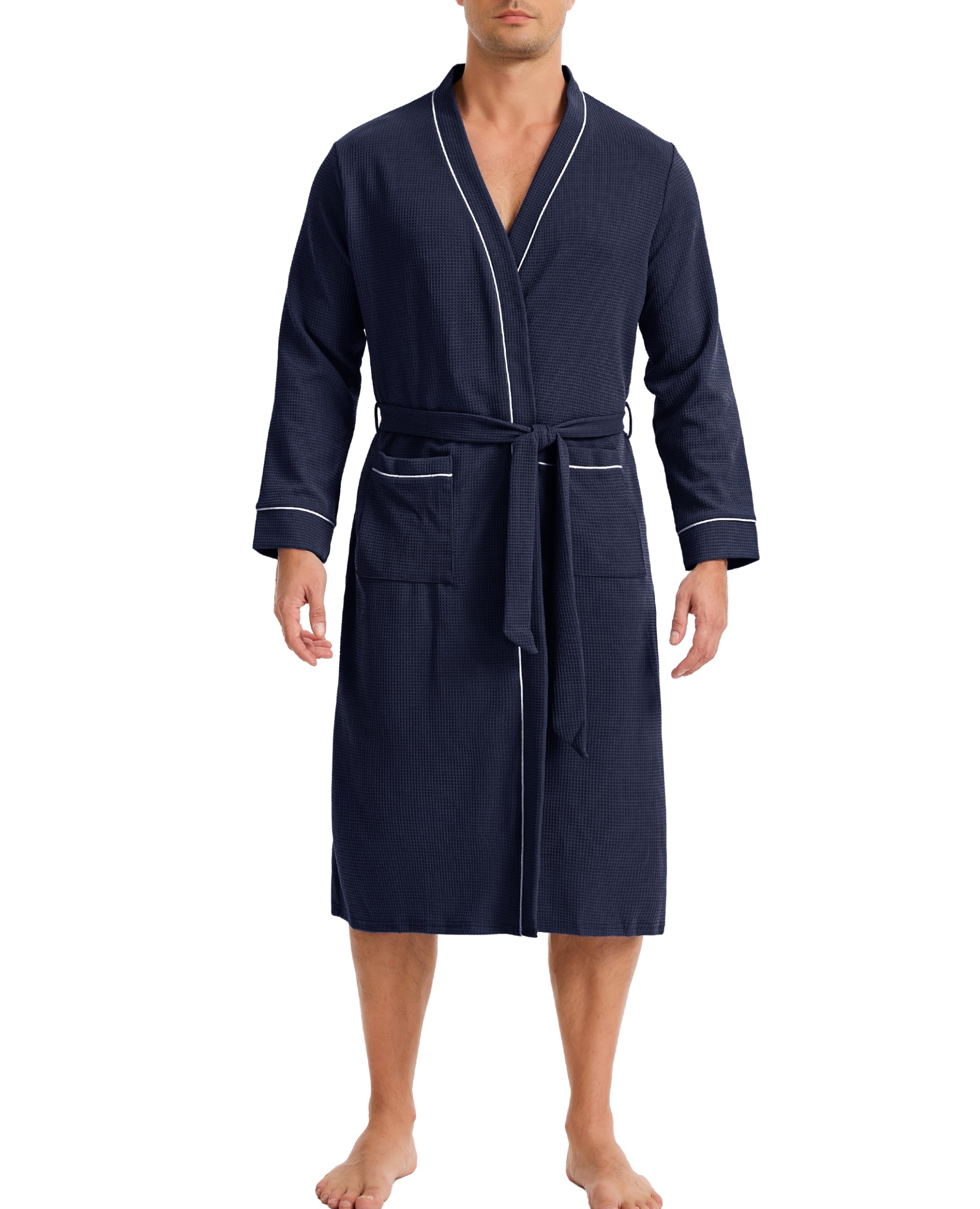 Lovasy Peignoir de Bain Homme Coton Kimono Légère Peignoir en Gaufré à Manches Longues Robe de Chambre Doux et Confortable Longueur du Genou Loungewear Col V avec Ceinture