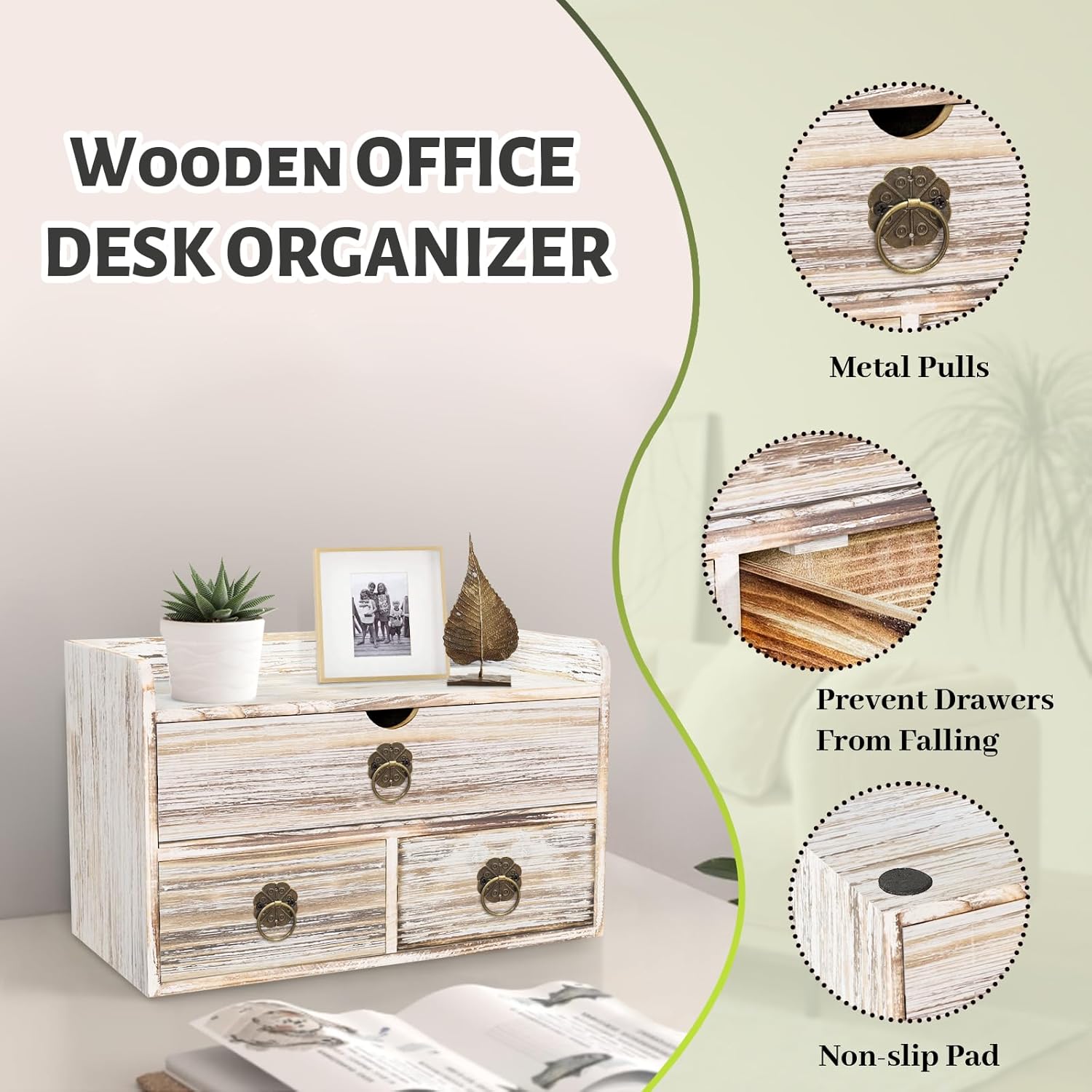 Wood Desk Organizer with Drawer, Vintage Brown Wooden Desktop Organizer, Tabletop Storage Organization Box for Countertop, Home Office Supplies, 13.5x6.6x8.2 Inch(3 Drawer and Shelf)