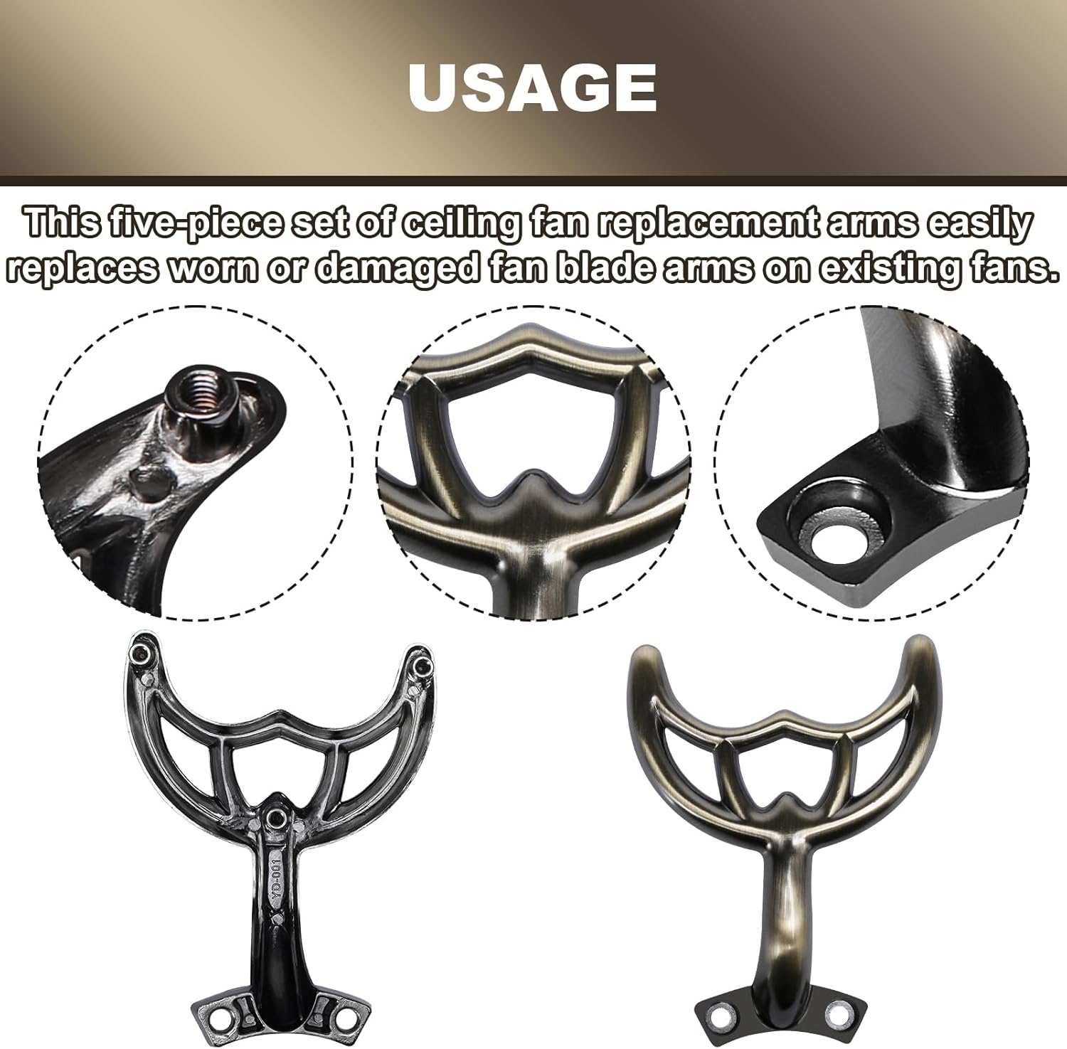 Ceiling Fan Blades Arm 7740200 -Hidden Screw Hole -Antique Brass, for 42-Inch Fan Blade, Mounting hole incompatibility with predecessors. -5 Pcs