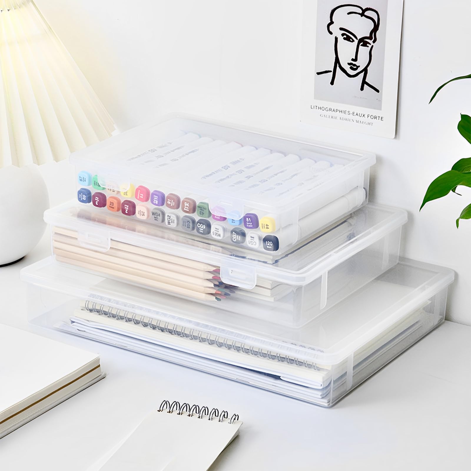 PCXWTLN 2 Cajas de Almacenamiento Multiusos Transparentes, Cajas de Almacenamiento con Tapa, Cajas de Plástico Apilables, A4, para Documentos, Cartas, Suministros de Artista, 32 x 23 x 5 cm