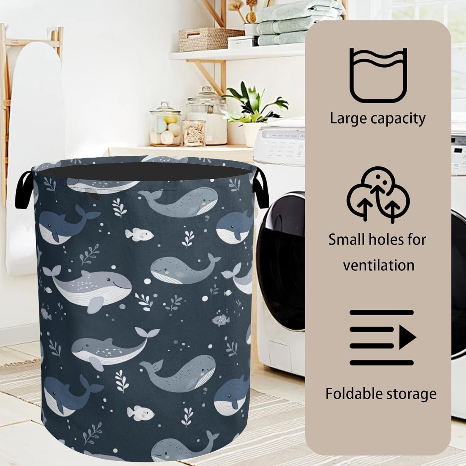 Cute Whale Marine Animals Foldable Canvas Laundry Basket with Handles - Toy Organizer, Heavy Duty for Home，Bedroom, Dorm, Bathroom