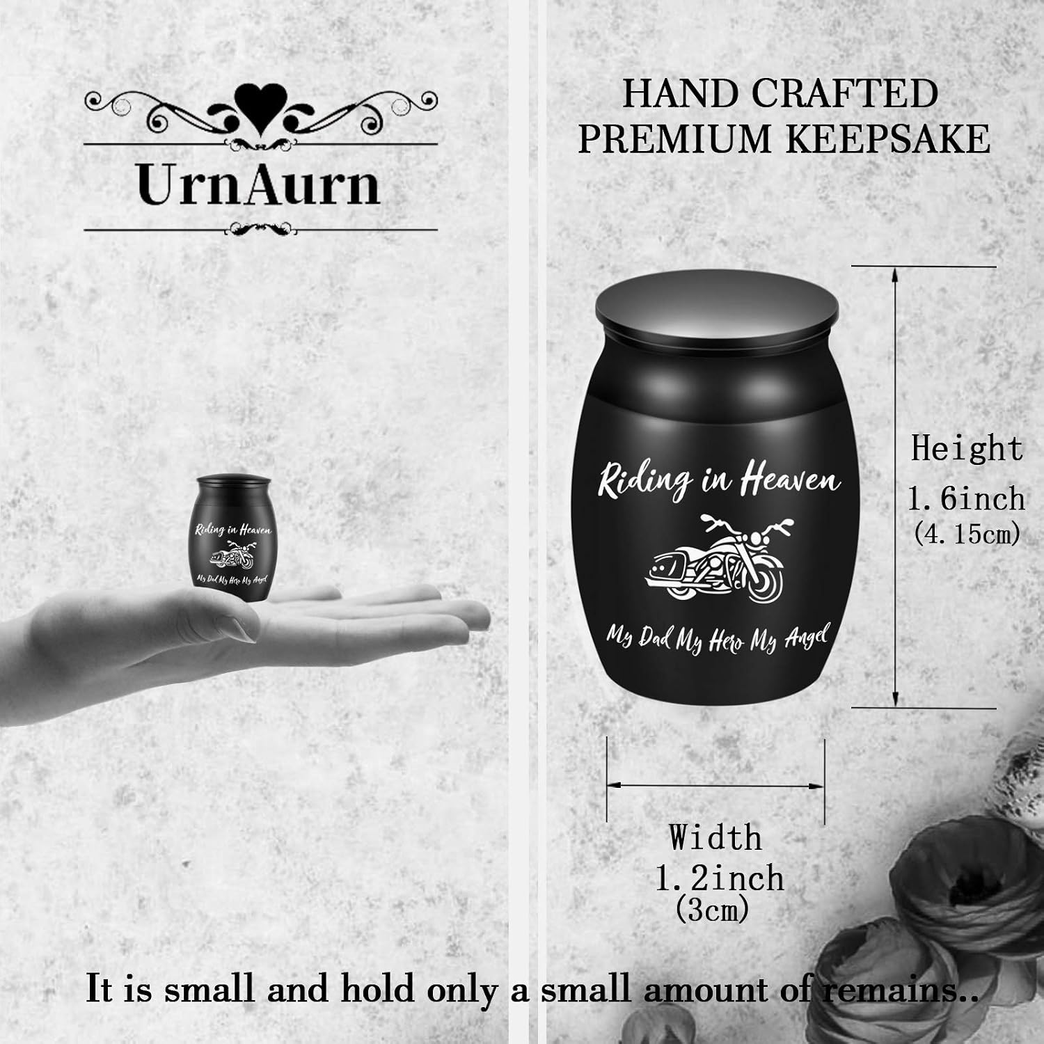 Beautiful Urns for Dad Ashes, 1.6“ High Small Personal Cremation Urns for Funeral, Peaceful Decorative Urns, Handcrafted Keepsake Urn, Engraved Riding in Heaven & Motorcycle Urns for Sharing