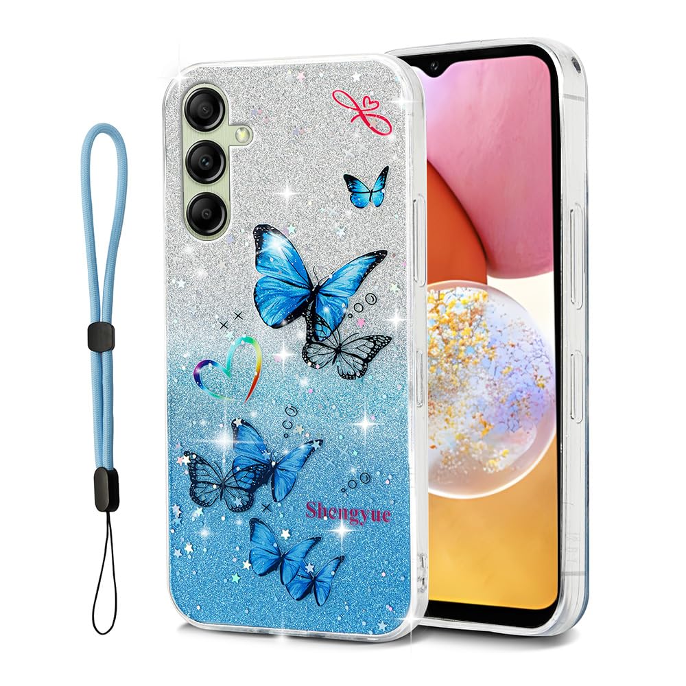 shengyue for Samsung Galaxy A14 5G Case with Lanyard,The Stars are Covered with a Glittering Butterfly Pattern for Samsung Galaxy A14 Phone Case (Blue)